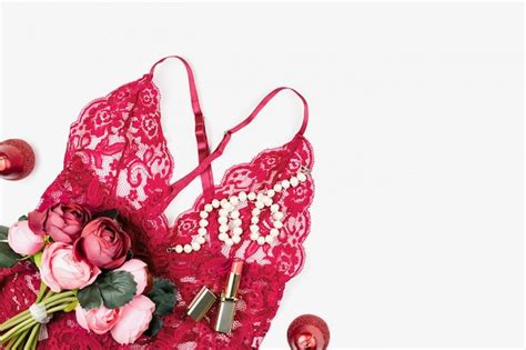 Premium Photo Women Red Lace Lingerie With Flowers Make Up Items On White Background