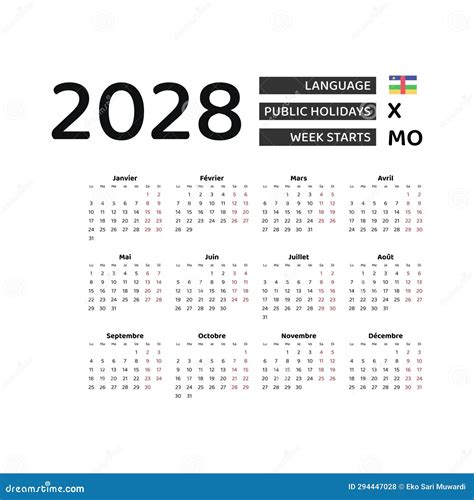 Calendar 2028 French Language with Central African Republic Public