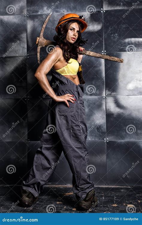 Female Miner Worker With Pickaxe In Coveralls Over His Naked Body Stock Image Image Of Dirty