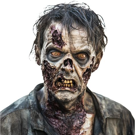 A zombie with decaying skin stares intently at the camera against a