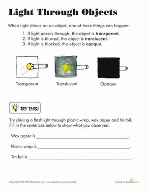 Light Through Objects Worksheet Education