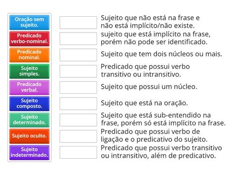 Tipos De Sujeitos E Predicados - Tipos de sujeito e predicado - Match up