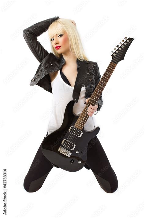 Sexy Beautiful Blonde Woman Posing With Black Electric Guitar Stock Photo Adobe Stock