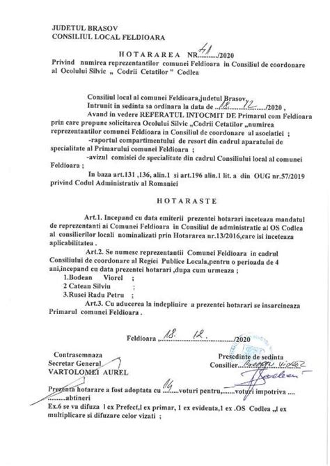 Hot R Rea Nr Privind Numirea Reprezentan Ilor Comunei Feldioara N Consiliul De