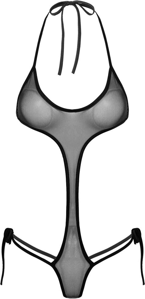 JanJean Womens Sheer Mesh Swimsuit Halter Tie On Monokini Swimwear Hot Thong Bodysuit Nightwear