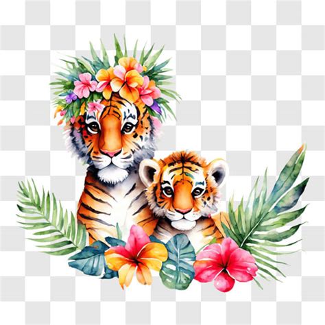 Download Monochrome Painting Of Two Tiger Cubs With Floral Wreaths Png