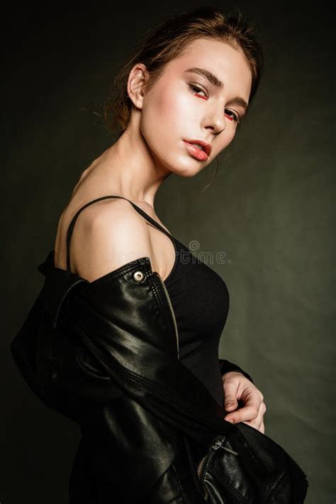 Blonde Woman In Leather Clothes Posing Stock Image Image Of Happy Face