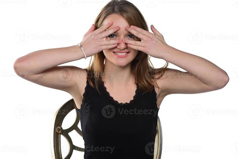 Close up studio portrait of cheerful blonde hipster girl going crazy