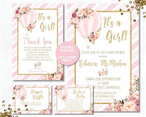 Hot Air Balloon Baby Shower Invitation Bundle Set EDITABLE TEMPLATE Diaper Raffle Bring A Book