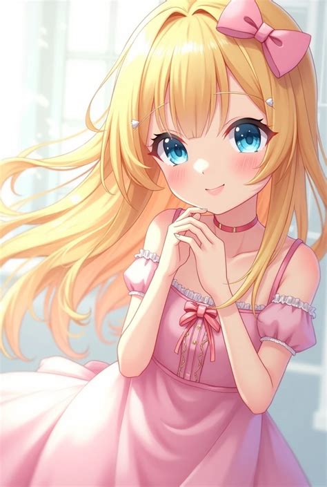 Anime Girl With Long Blonde Hair And Blue Eyes Sitting On A Tile