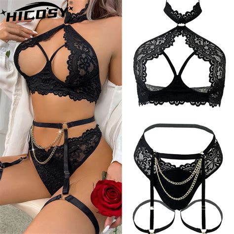 New Sexy Black Lace Lingerie Metal Chain Underwear Female Cut Out Sheer Gothic Flirting Erotic