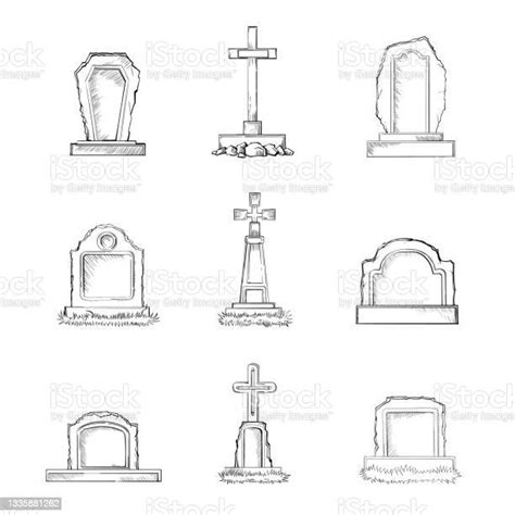 Vector Set Of Sketch Cemetery Stone Tombstones Stock Illustration