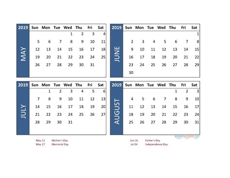 4 Month Blank Calendar Template | Calendar template, Monthly calendar template, Calendar printables