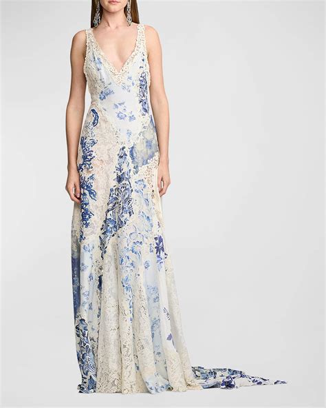 Ralph Lauren Collection Harling Plunging Patchwork Lace-Trim Backless