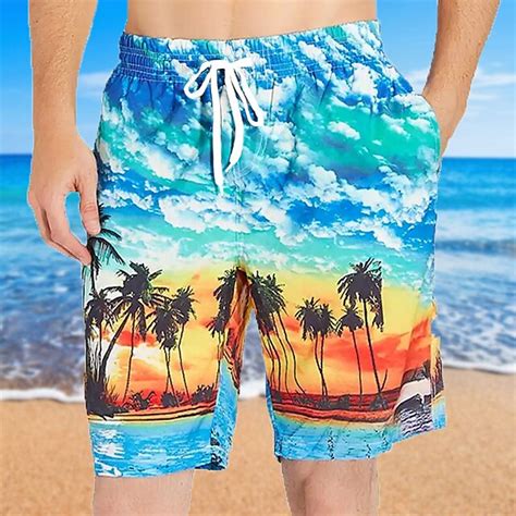 Mens Coconut Tree Print Swimming Trunks Bathing Suit Board Shorts Mid