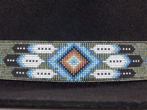 Native American Beaded Patina Diamond Feather Hat Band | Beaded hat ...