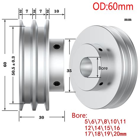 Double V Grooved Pulley PU Round Belt Pulleys Aluminum Width 7mm OD 30