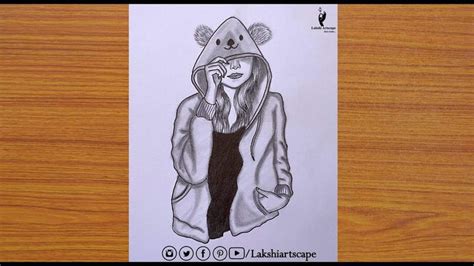 hidden face drawing   draw  girl  winter cap girl drawing
