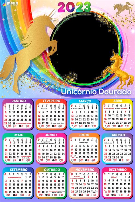 Calendário 2023 Unicórnio Dourado Gratuito PNG Imagem Legal