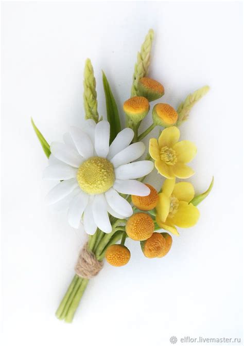 Броши ручной работы. Брошь с полевыми цветами (ромашка, лютик, пижма ...