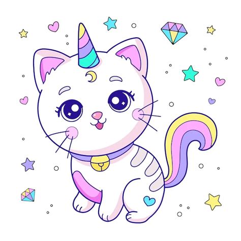 Lindo Kawaii Beb Caticorn Gato Unicornio Vector Premium