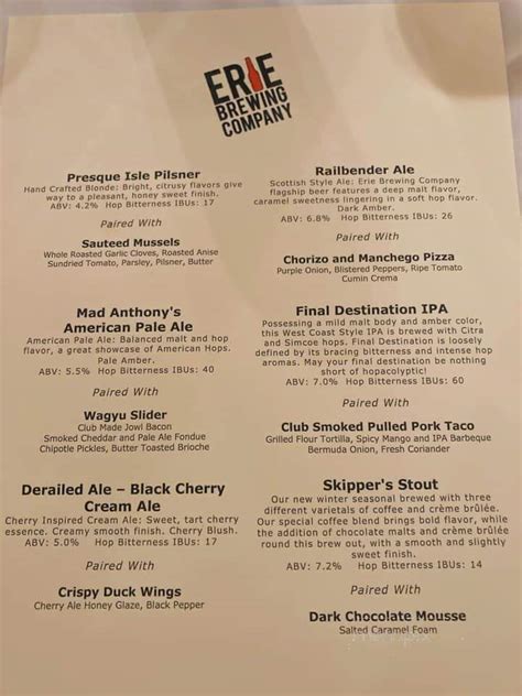 Menu Of Erie Brewing Company In Erie Pa 16501