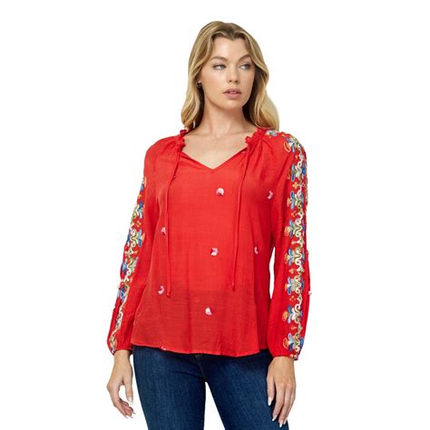 Embroidered Long Sleeve V Neck Blouse Dressbarn