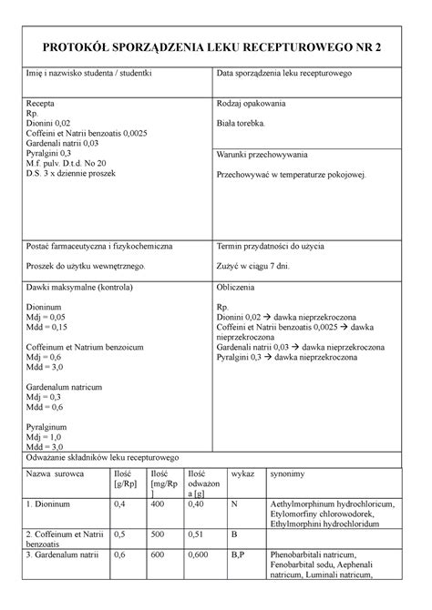 Protokół recepta 2 Protokół z Technologii Postaci Leków PROTOKÓŁ