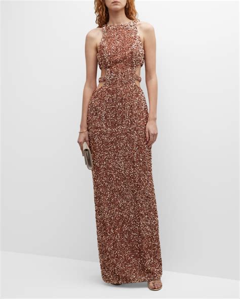 Liv Foster Cutout Sequin Halter Gown Neiman Marcus