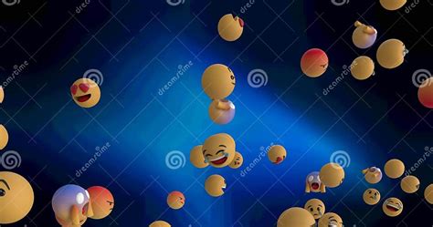 Digital Image Of Multiple Face Emojis Floating Against Blue Spots Of