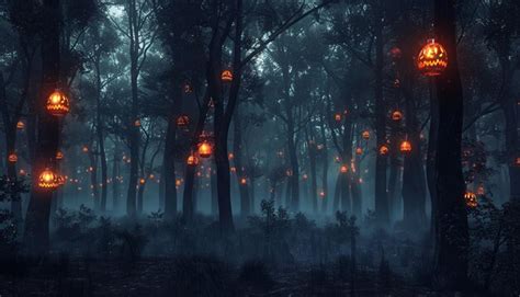 Dark forest with flickering Halloween lanterns and ghostly mist