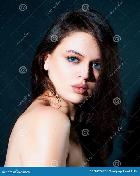 Sensual Brunette Girl With Long Hair Shampoo And Hair Balm Haircare Concept Beauty Cosmetics
