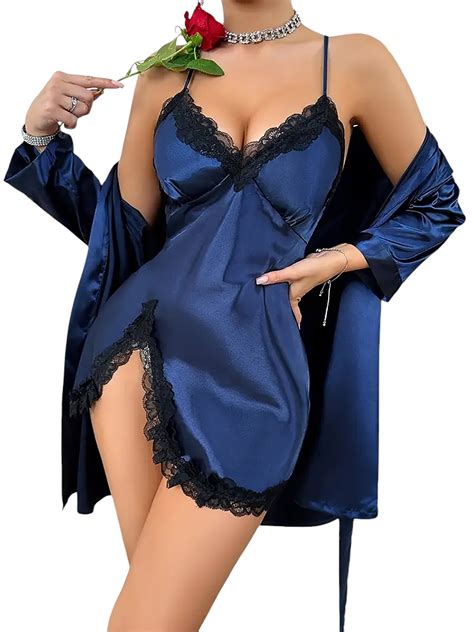 Lilylll Womens Satin Silk Pajamas Sleepwear Babydoll Lace Lingerie Robe Nightdress Chemise