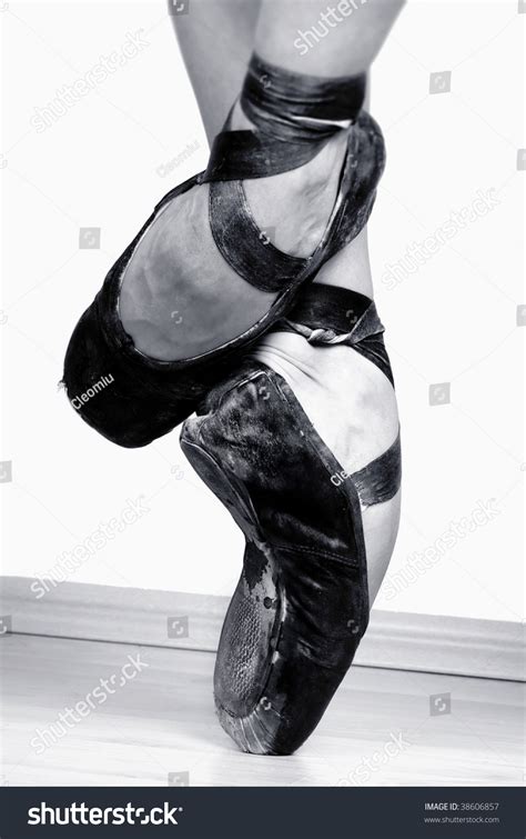 A Pair Of Well Worn Black Ballet Shoes Studio Shot Black And White