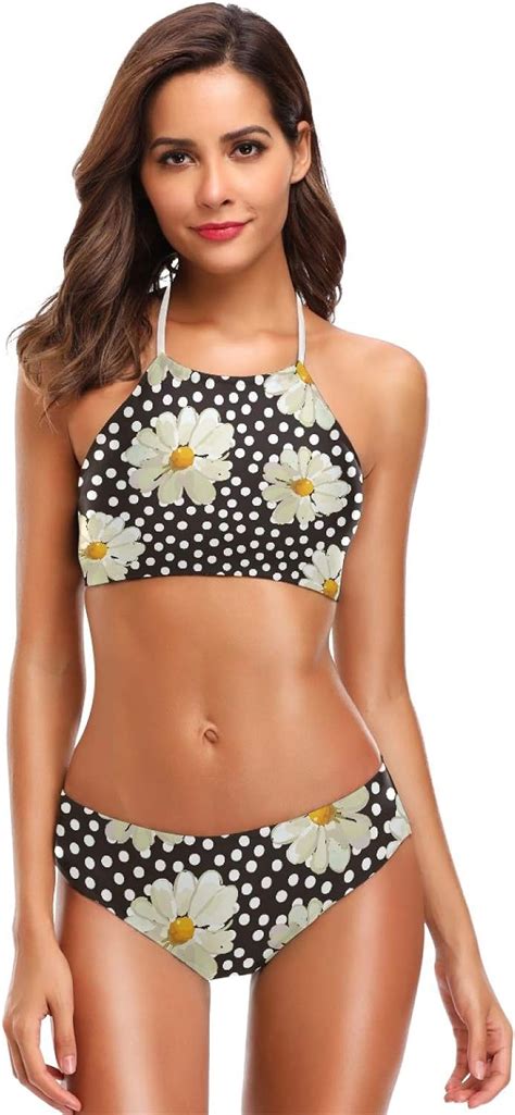 Dreamtimes Daisy Flowers White Dots Swimsuits Padded Bikini Sets Sexy
