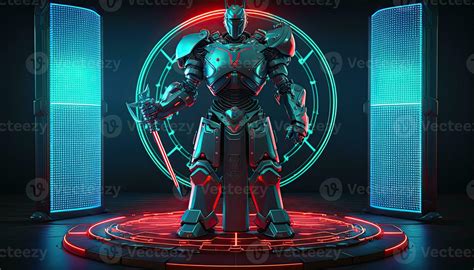 A Cyborg Holding A Futuristic Sword Digital Hologram Graphs Background