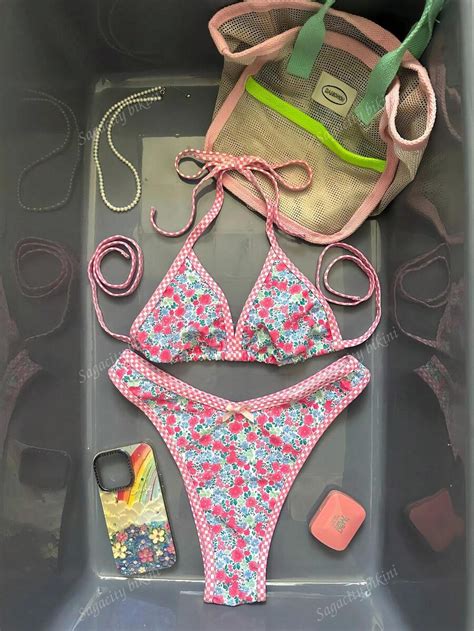 New Women S Plaid Trim Contrast Color Print Tie Front Sexy Bikini Two Pieces Swimsuit Spring