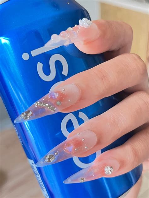 Glitter Nude Press On Nails D Camellia Shining Rhinestone Nails With Exquisite Design Glossy