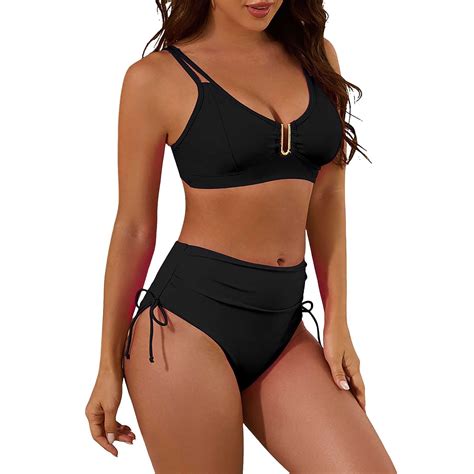 Piece Bikini Set V Neck Cutout Swimsuit High Waisted Textured Ruched Summer Beach Swim