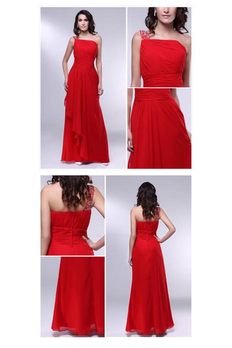 A Line One Shoulder Beaded Long Red Chiffon Prom Evening Formal Dresses