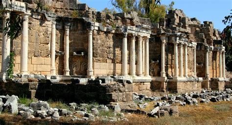 Side View Of The Ruins Of The Ancient Roman Fountain Nymphaeum In Side