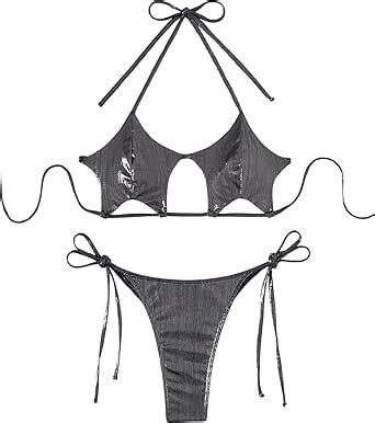 Amazon SweatyRocks Women S 2 Piece Metallic Bikini Set Cut Out Tie Back Halter Swimsuit Y2K