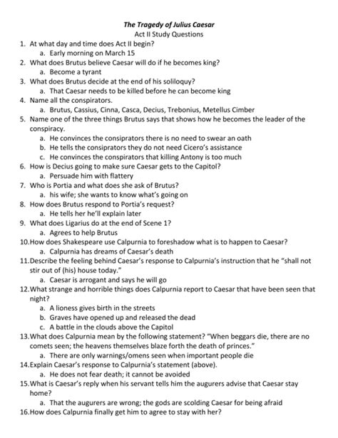 The Tragedy Of Julius Caesar Act Ii Study Questions At What Day And