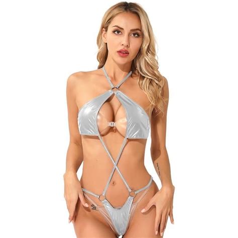 Dpois Femme Micro Bikini Sexy Maillot De Bain Pi Ce Cuir Verni Brillant Lingerie Tankini