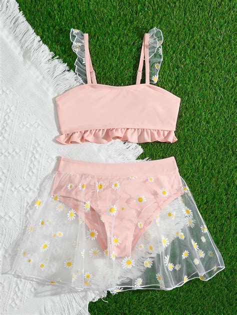 Conjunto De Mai Bikini Babado E Saia Estampada De Margaridas Para Praia Ver O Para Meninas