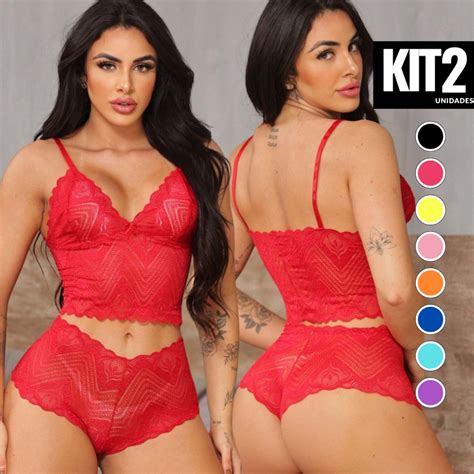 Kit Espera Marido Conjuntos Renda Feminino Sensual Sem Forro Sem Bojo Lingerie Baby Doll Sexy