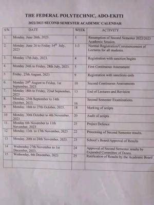 Federal Polytechnic Ado Ekiti 2nd Semester Academic Calendar 2022