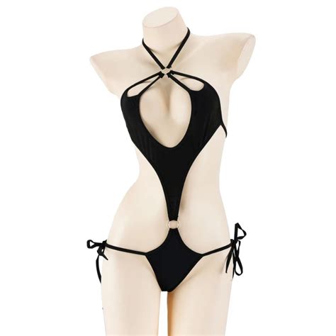 Amine Three Point Bikini Set Women One Piece Swimsuit Japanese Cute Black Hollow Swimwear Halter