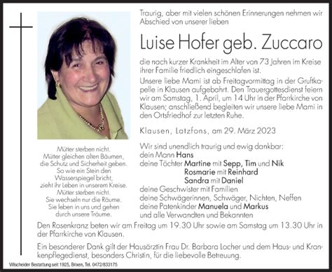 Traueranzeigen Von Luise Hofer Trauer Bz