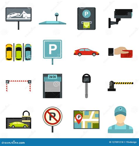 Iconos Fijados Estilo Plano Del Estacionamiento Del Coche Stock De